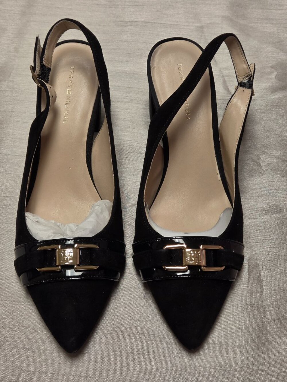 Tommy Hilfiger Women's Black Suede Leather Pumps with Gold design, Size 8.5M